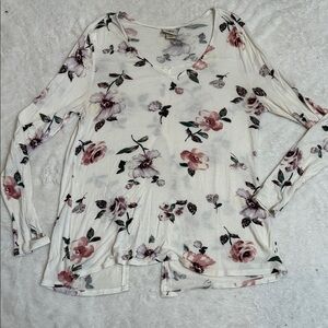 Daytrip Floral V-Neck Long Sleeve Top - White with Pink & Green
